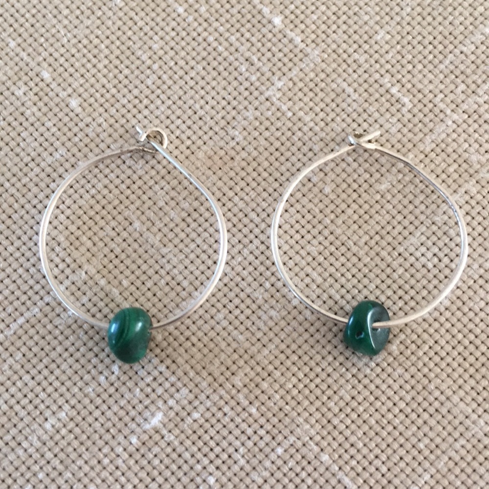 Malachite Hoop Earrings Handcrafted Green Silver Toned